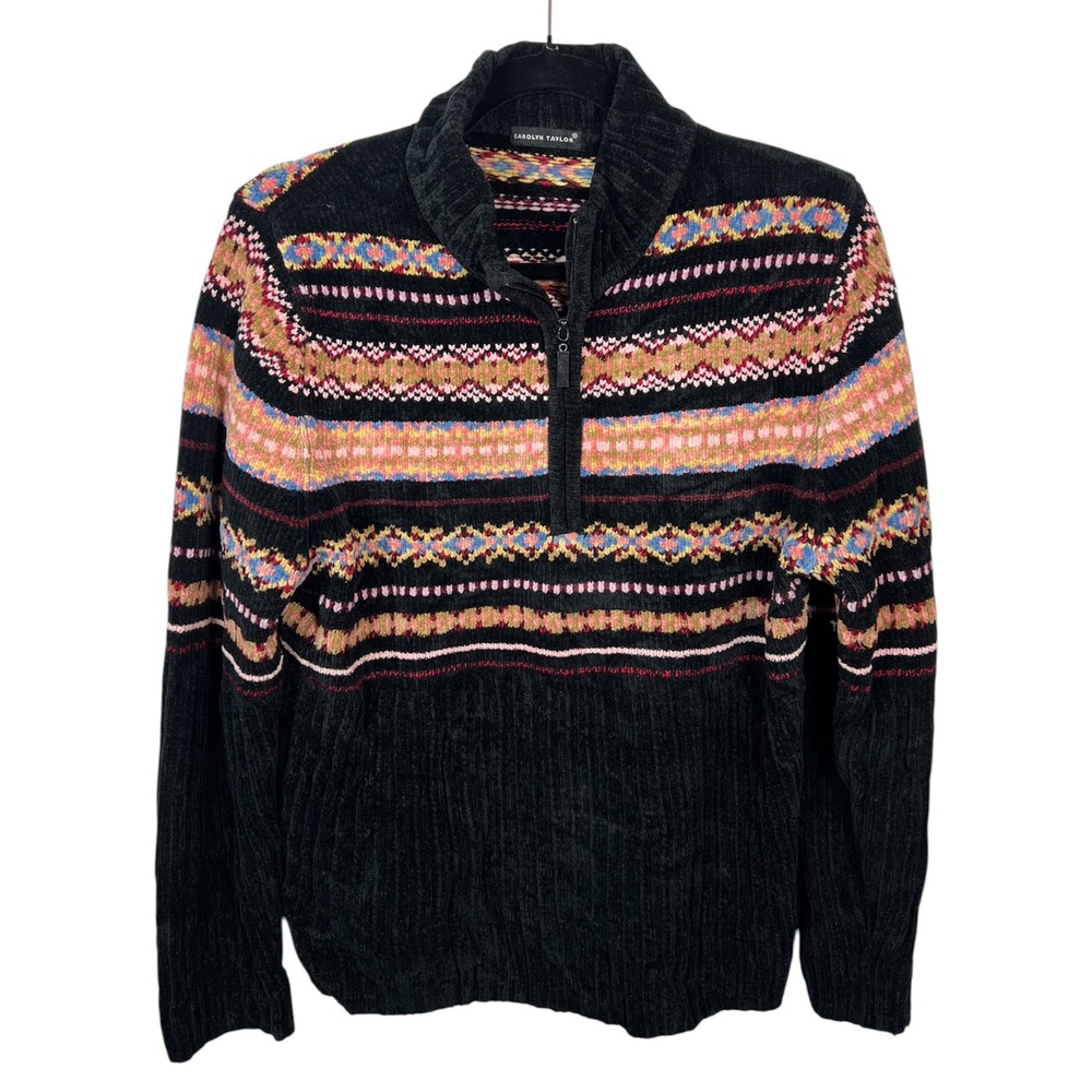 Retro Nordic Fair Isle Chenille Sweater Black Pullover Quarter Zip Cozy Large